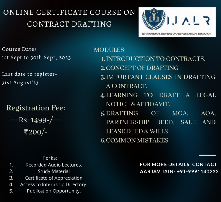 ONLINE CERTIFICATE COURSE ON CONTRACT DRAFTING: REGISTER BY 31st AUGUST, 2023